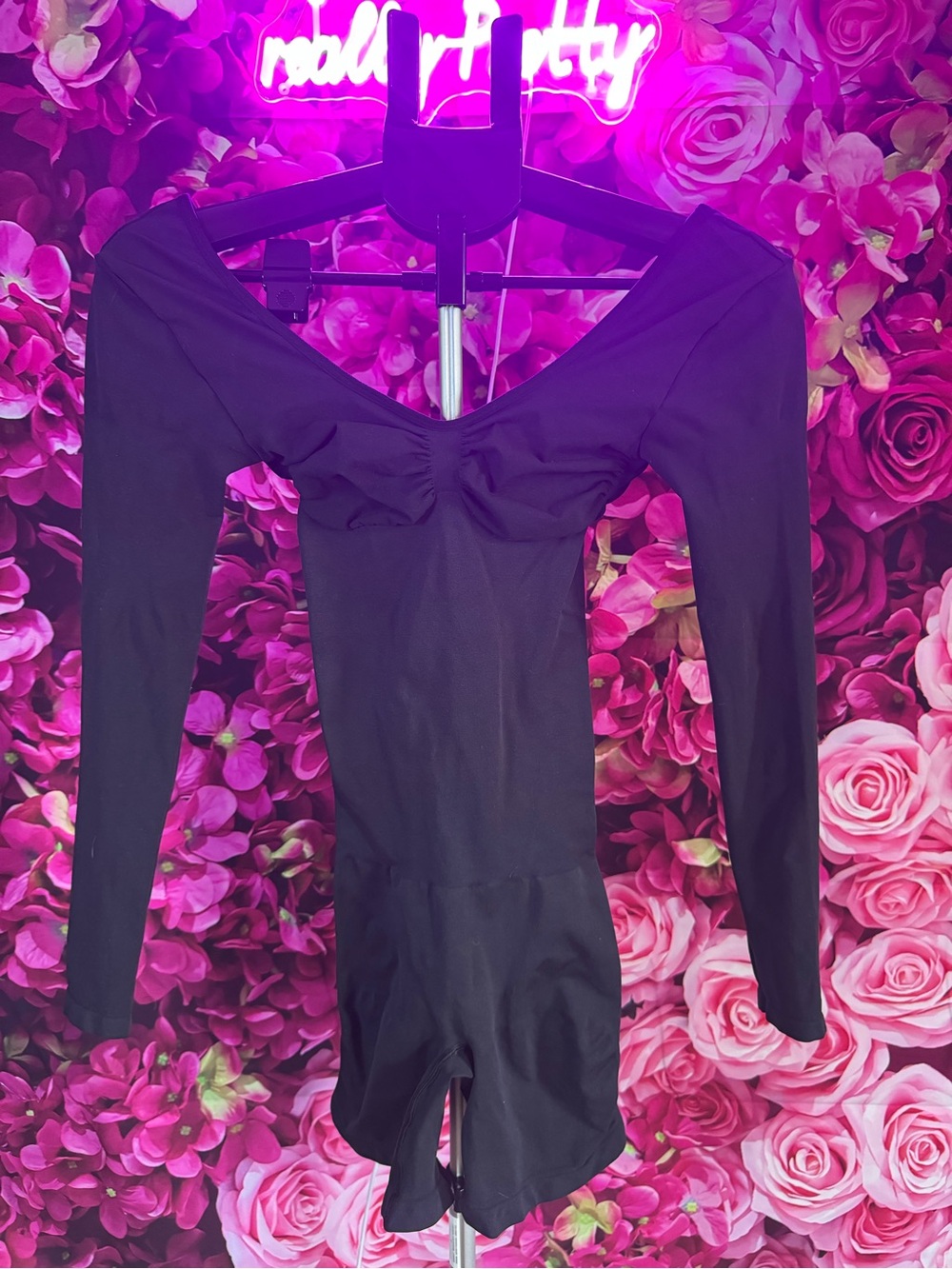 SKIMS Black Long-Sleeve Twist Front Romper